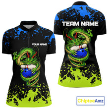 Load image into Gallery viewer, Personalized Black, Blue and Green Dragon Bowling Shirts For Women, Dragon Bowling Team Shirts NQS11578