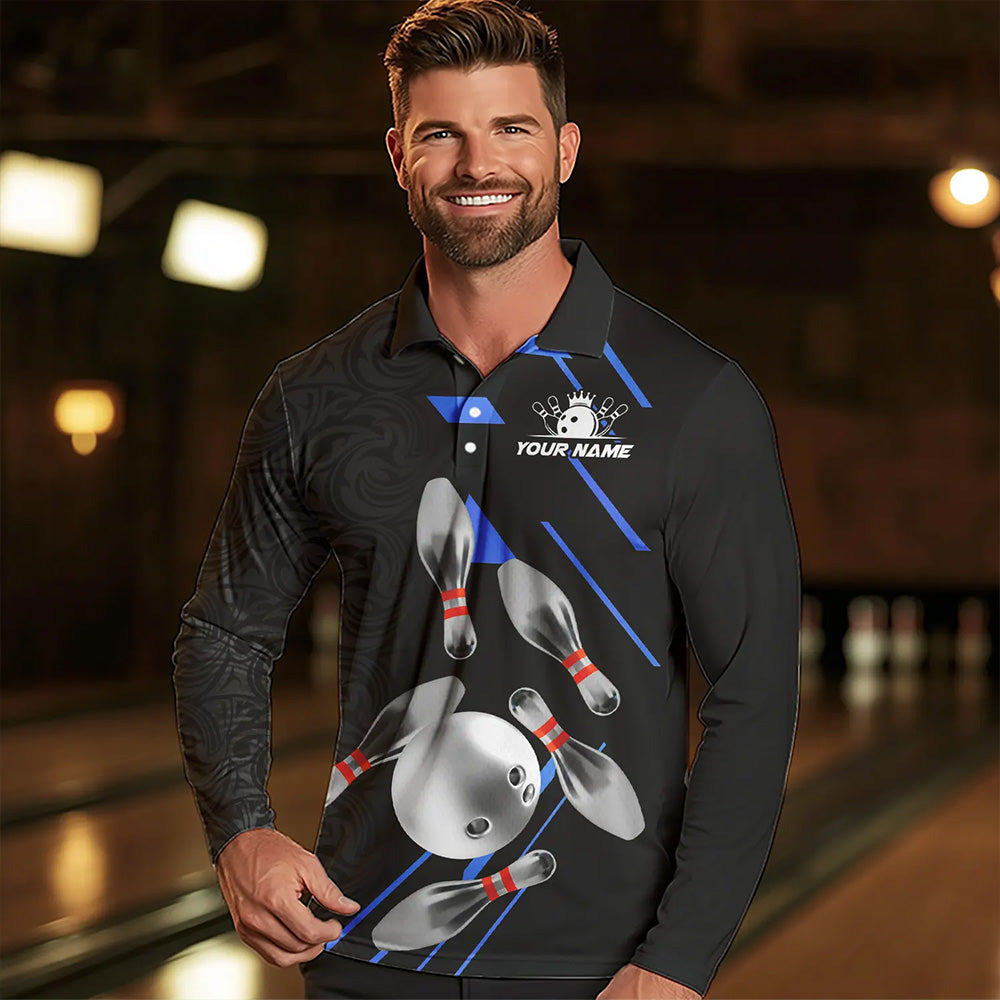 Silver Bowling Ball pins Team bowling shirts for Men custom bowling Polo, Quarter zip jersey | Blue NQS9624