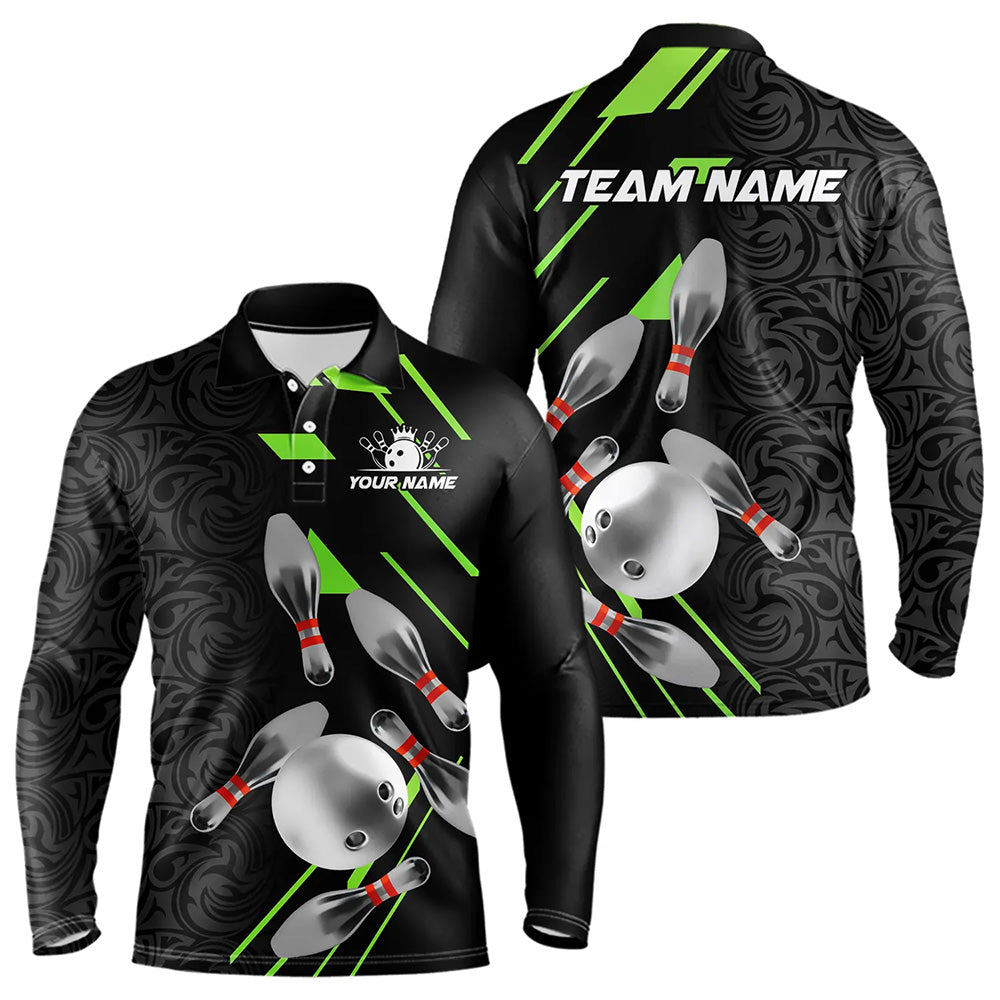 Silver Bowling Ball pins Team bowling shirts for Men custom bowling Polo, Quarter zip jersey | Green NQS9628