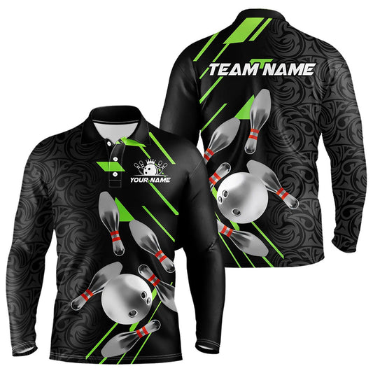 Silver Bowling Ball pins Team bowling shirts for Men custom bowling Polo, Quarter zip jersey | Green NQS9628