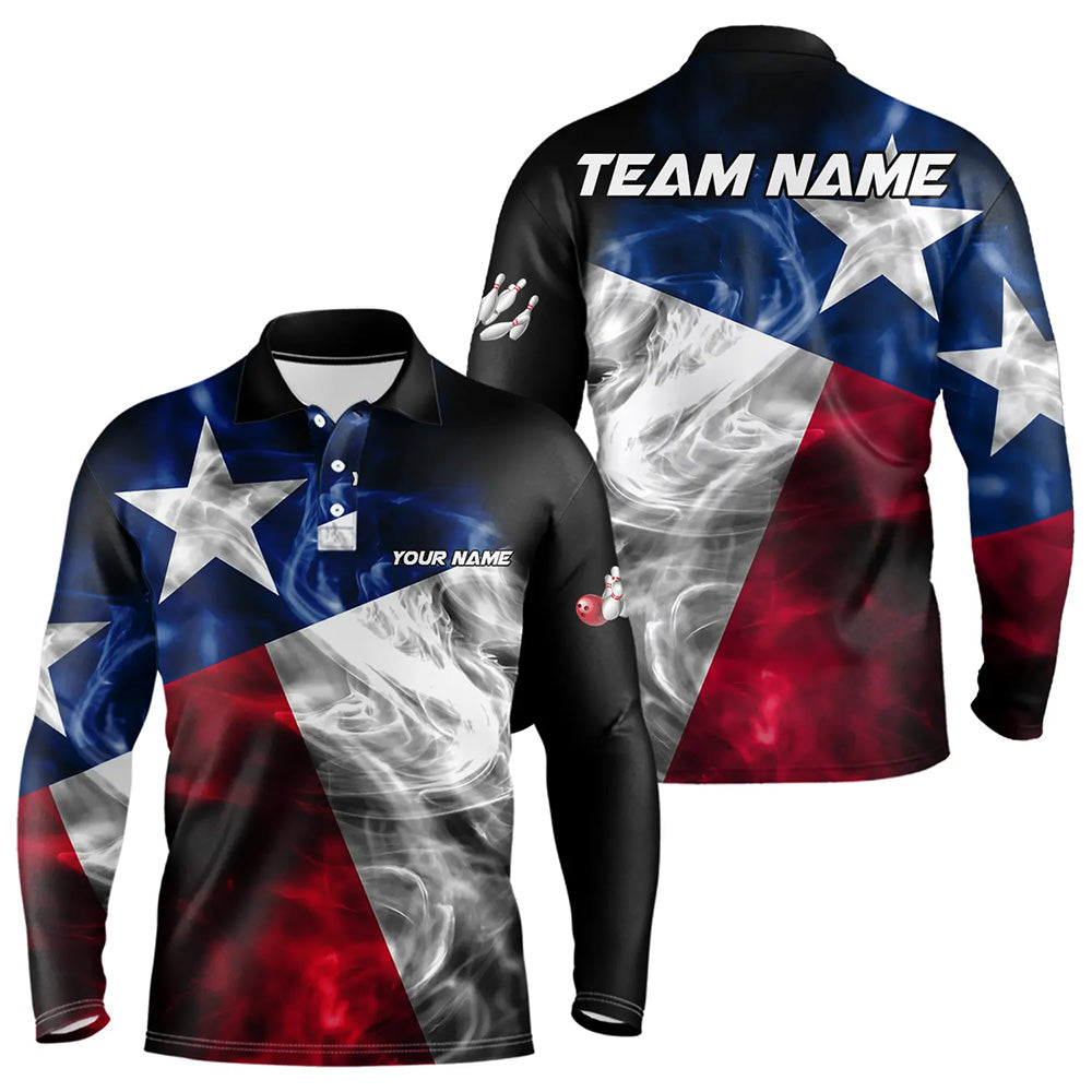 Smoke Texas Flag Black Bowling Polo, Quarter Zip shirt for men Custom patriotic Team bowling jersey NQS9631