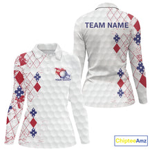 Load image into Gallery viewer, Red, White &amp; Blue argyle American Flag Women golf polo shirt custom patriotic golf apparel for ladies NQS9814
