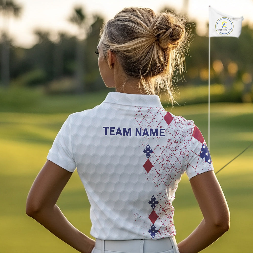 Red, White & Blue argyle American Flag Women golf polo shirt custom patriotic golf apparel for ladies NQS9814