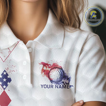 Load image into Gallery viewer, Red, White &amp; Blue argyle American Flag Women golf polo shirt custom patriotic golf apparel for ladies NQS9814