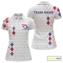 Load image into Gallery viewer, Red, White &amp; Blue argyle American Flag Women golf polo shirt custom patriotic golf apparel for ladies NQS9814