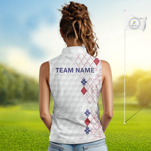Load image into Gallery viewer, Red, White &amp; Blue argyle American Flag Women sleeveless polo shirt custom golf apparel for ladies NQS9814