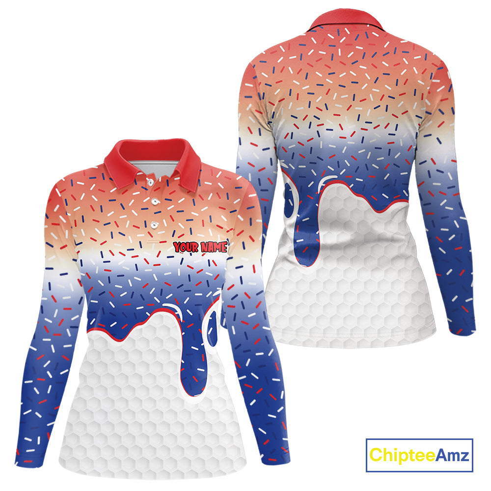 Red, white and blue dripping candy Women Golf polo shirts Custom funny Golf attire For Women NQS10058