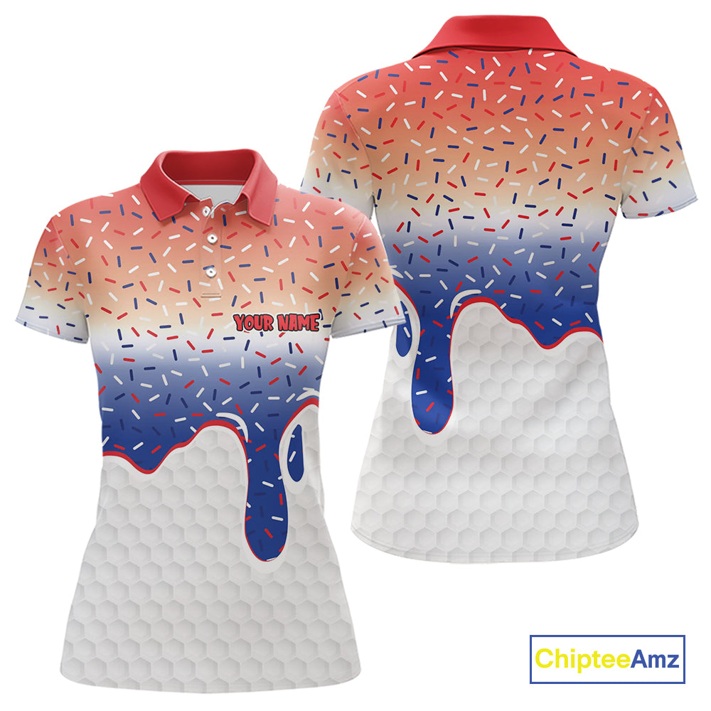 Red, white and blue dripping candy Women Golf polo shirts Custom funny Golf attire For Women NQS10058