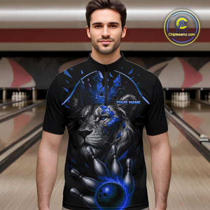 Custom Black and Blue Lion Bowling Polo, Quarter Zip shirts for Men, Lion Team Bowling Jerseys NQS10585