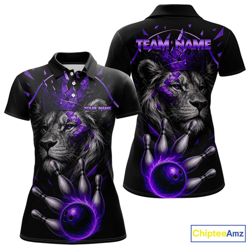 Custom Black and Purple Lion Bowling Polo, Quarter Zip shirts for Women, Lion Team Bowling Jerseys NQS10586
