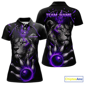 Custom Black and Purple Lion Bowling Polo, Quarter Zip shirts for Women, Lion Team Bowling Jerseys NQS10586