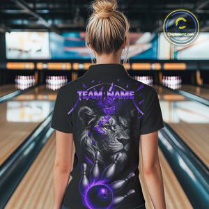 Custom Black and Purple Lion Bowling Polo, Quarter Zip shirts for Women, Lion Team Bowling Jerseys NQS10586