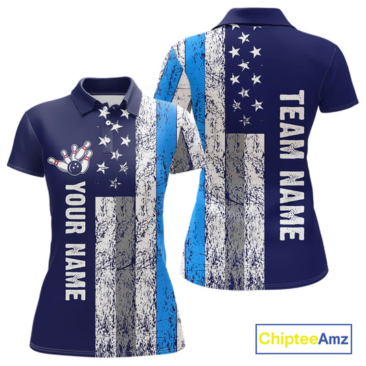 Blue Grunge American Flag Bowling Shirts For Women Custom patriotic Bowling Team League Jerseys NQS11176