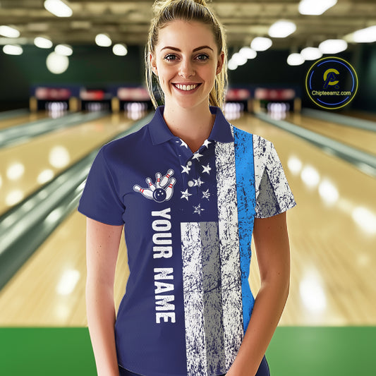 Blue Grunge American Flag Bowling Shirts For Women Custom patriotic Bowling Team League Jerseys NQS11176