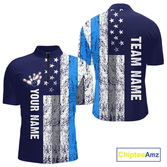 Blue Grunge American Flag Bowling Shirts For Men Custom patriotic Bowling Team League Jerseys NQS11176