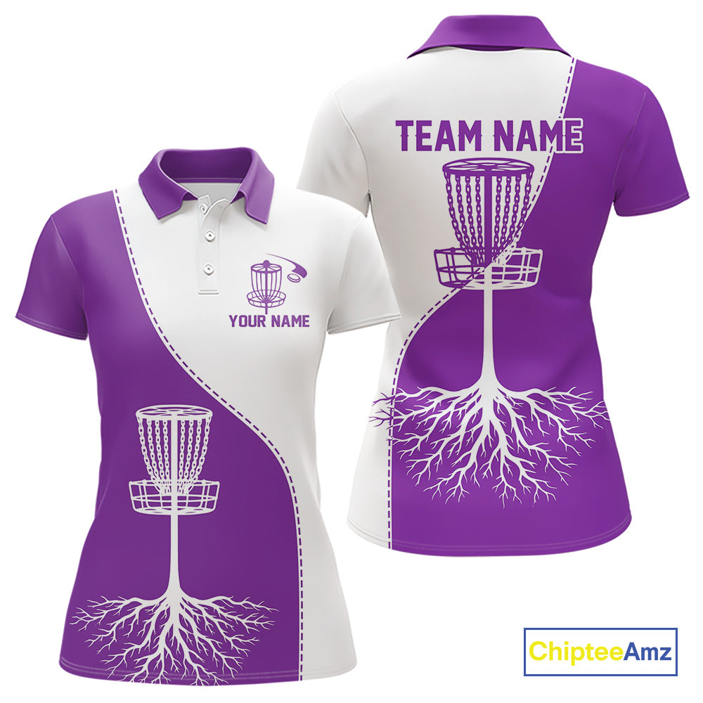 White and Purple Womens Disc golf polo shirts Custom name disc golf clothing for team NQS10068