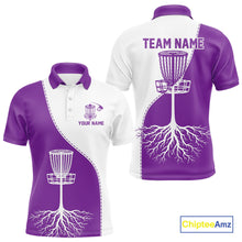 Load image into Gallery viewer, White and Purple Mens Disc golf polo shirts Custom name disc golf clothing for team NQS10068