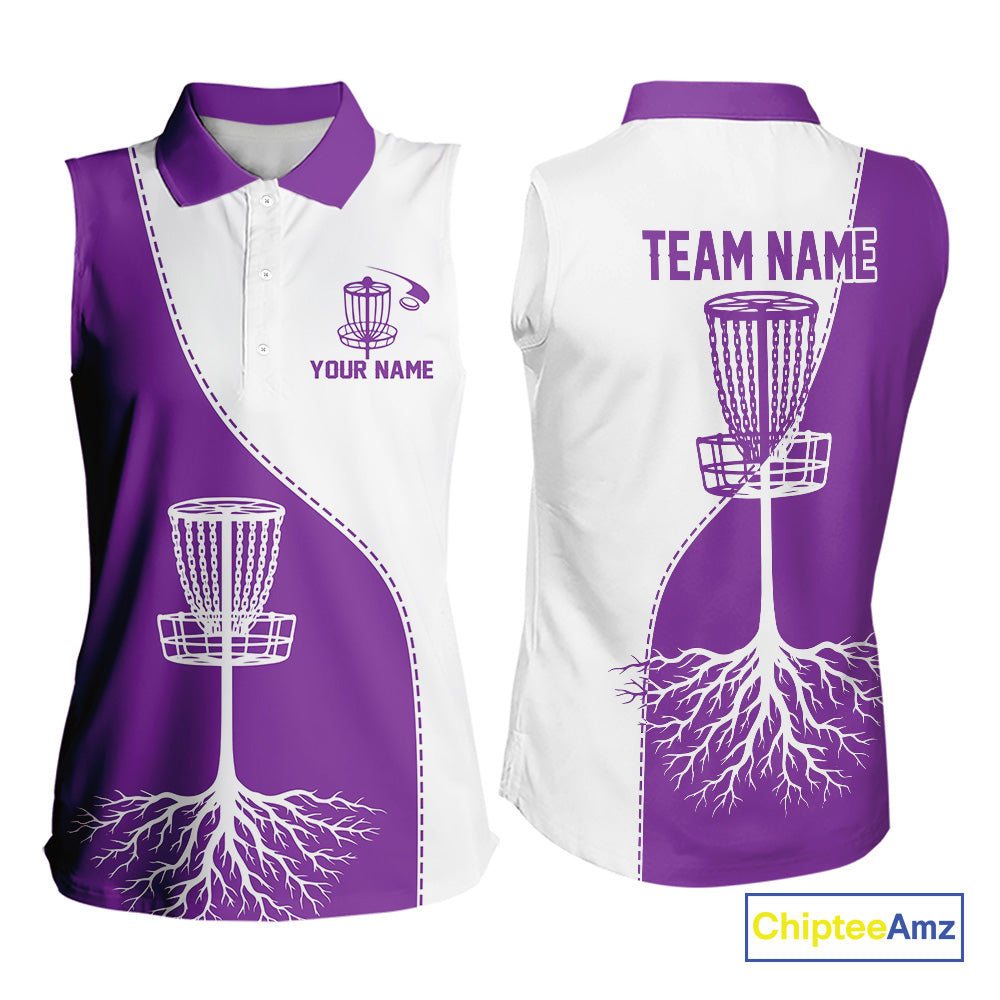 White and Purple Womens sleeveless Disc golf polo shirts Custom name disc golf clothing for team NQS10068