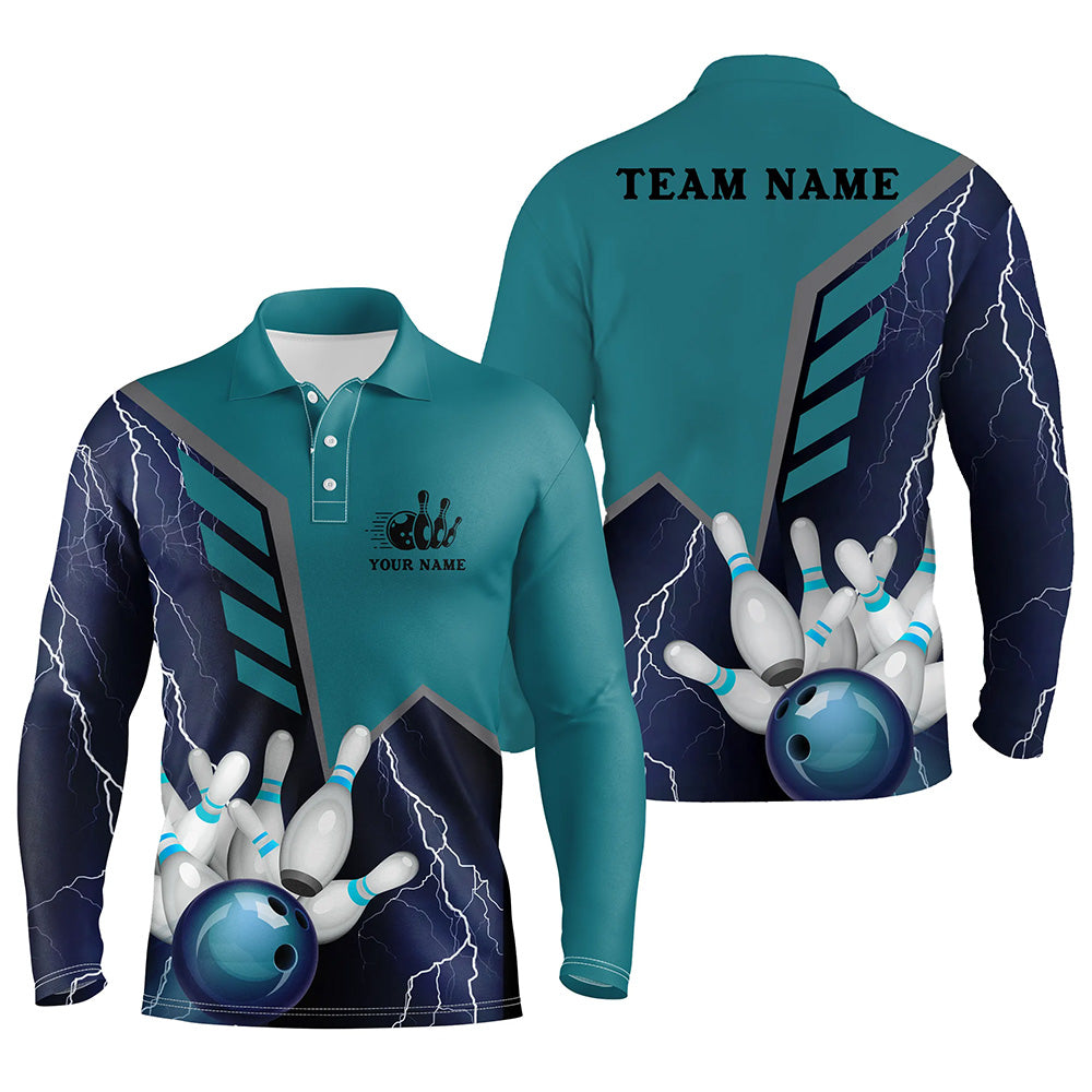 Blue personalized bowling shirt for men – custom name design side view