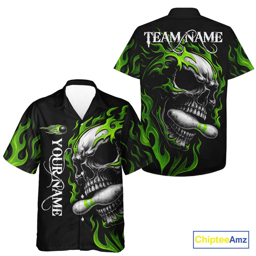 Custom Black and Green Flame Skull Bowling Hawaiian Shirt, Personalized Skull Team Bowling Jersey NQS10793