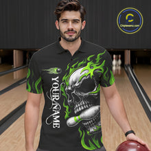 Load image into Gallery viewer, Custom Black and Green Flame Skull Bowling Shirts For Men, Personalized Skull Team Bowling Jersey NQS10793