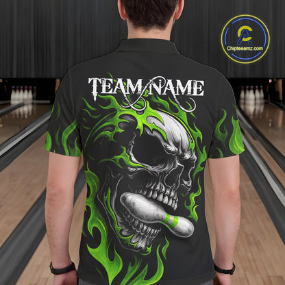 Custom Black and Green Flame Skull Bowling Shirts For Men, Personalized Skull Team Bowling Jersey NQS10793