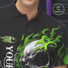 Load image into Gallery viewer, Custom Black and Green Flame Skull Bowling Shirts For Men, Personalized Skull Team Bowling Jersey NQS10793