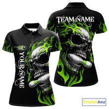 Load image into Gallery viewer, Custom Black and Green Flame Skull Bowling Shirts For Women, Personalized Skull Team Bowling Jersey NQS10793