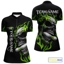 Load image into Gallery viewer, Custom Black and Green Flame Skull Bowling Shirts For Women, Personalized Skull Team Bowling Jersey NQS10793