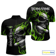 Load image into Gallery viewer, Custom Black and Green Flame Skull Bowling Shirts For Men, Personalized Skull Team Bowling Jersey NQS10793