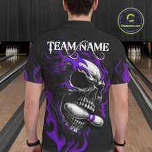 Load image into Gallery viewer, Custom Black and Purple Flame Skull Bowling Shirts For Men, Personalized Skull Team Bowling Jersey NQS10794