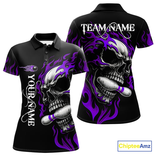 Custom Black and Purple Flame Skull Bowling Shirts For Women, Personalized Skull Team Bowling Jersey NQS10794