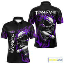 Load image into Gallery viewer, Custom Black and Purple Flame Skull Bowling Shirts For Men, Personalized Skull Team Bowling Jersey NQS10794