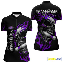 Load image into Gallery viewer, Custom Black and Purple Flame Skull Bowling Shirts For Women, Personalized Skull Team Bowling Jersey NQS10794