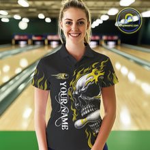 Load image into Gallery viewer, Custom Black and Gold Flame Skull Bowling Shirts For Women, Personalized Skull Team Bowling Jersey NQS10795