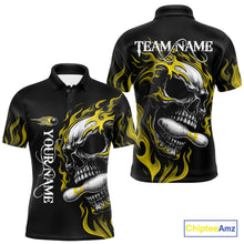Load image into Gallery viewer, Custom Black and Gold Flame Skull Bowling Shirts For Men, Personalized Skull Team Bowling Jersey NQS10795