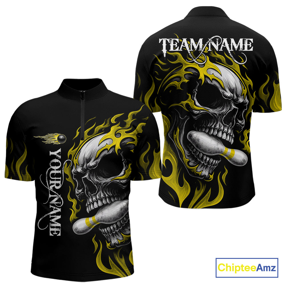 Custom Black and Gold Flame Skull Bowling Shirts For Men, Personalized Skull Team Bowling Jersey NQS10795
