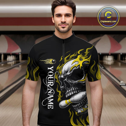 Custom Black and Gold Flame Skull Bowling Shirts For Men, Personalized Skull Team Bowling Jersey NQS10795