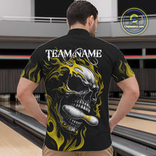 Load image into Gallery viewer, Custom Black and Gold Flame Skull Bowling Shirts For Men, Personalized Skull Team Bowling Jersey NQS10795