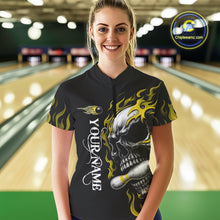 Load image into Gallery viewer, Custom Black and Gold Flame Skull Bowling Shirts For Women, Personalized Skull Team Bowling Jersey NQS10795