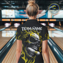 Load image into Gallery viewer, Custom Black and Gold Flame Skull Bowling Shirts For Women, Personalized Skull Team Bowling Jersey NQS10795