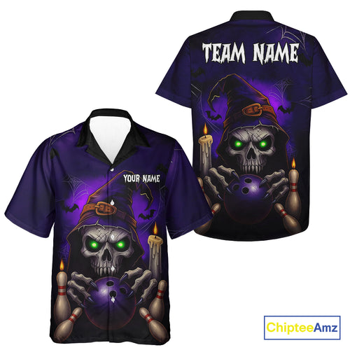 Custom Purple Skull Halloween Bowling Hawaiian Shirt, Skull Team Bowling Jersey NQS10803