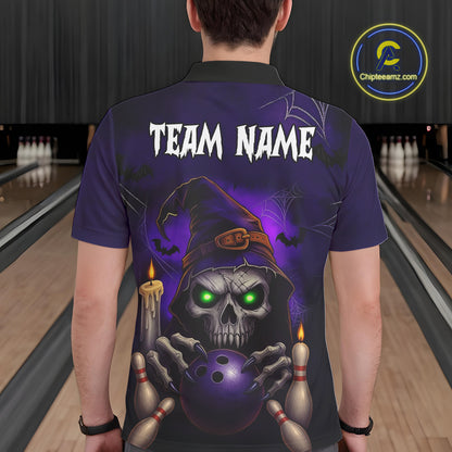 Custom Purple Skull Halloween Bowling Polo, Quarter Zip Shirts For Men, Skull Team Bowling Jersey NQS10803