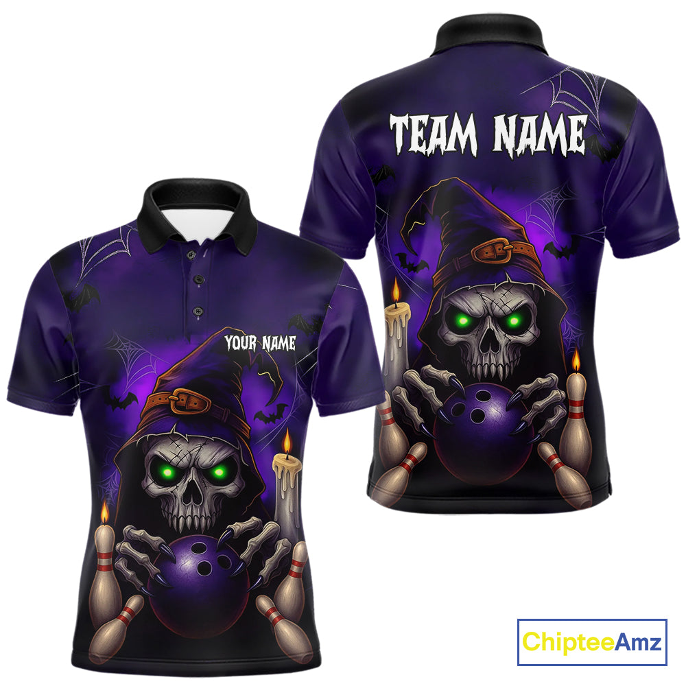 Custom Purple Skull Halloween Bowling Polo, Quarter Zip Shirts For Men, Skull Team Bowling Jersey NQS10803