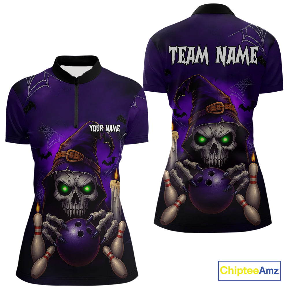 Custom Purple Skull Halloween Bowling Polo, Quarter Zip Shirts For Women, Skull Team Bowling Jersey NQS10803
