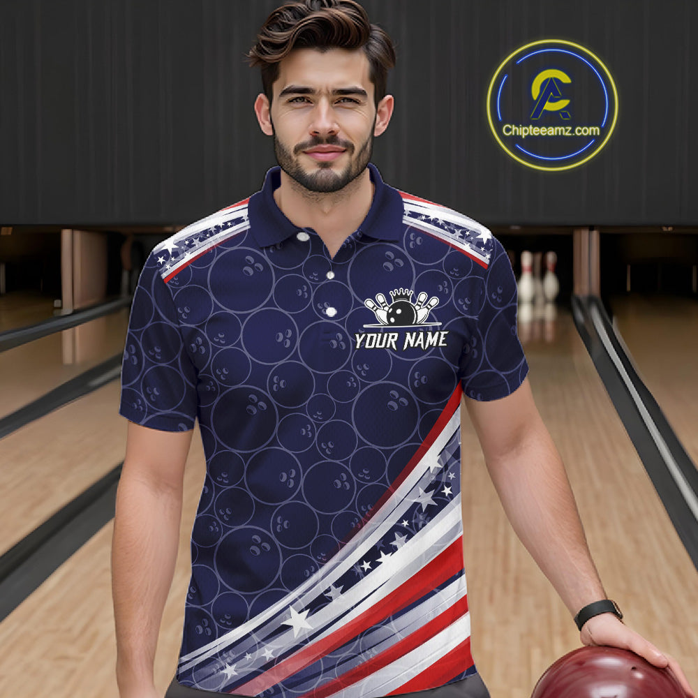 American Flag Camo Bowling Shirts For Men Custom patriotic Bowling Team Polo, 1/4 zip Jerseys | Navy NQS11180