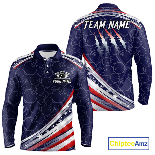 American Flag Camo Bowling Shirts For Men Custom patriotic Bowling Team Polo, 1/4 zip Jerseys | Navy NQS11180