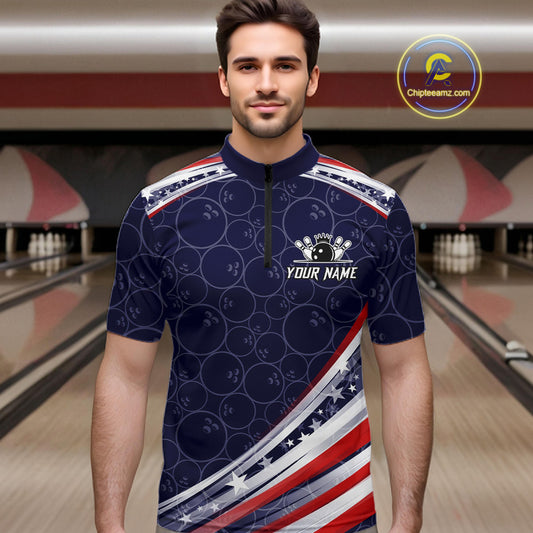 American Flag Camo Bowling Shirts For Men Custom patriotic Bowling Team Polo, 1/4 zip Jerseys | Navy NQS11180