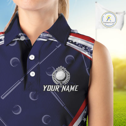 American Flag Camo Sleeveless Polo Golf Shirt Custom patriotic ladies golf shirt, golfer gifts | Navy NQS11181