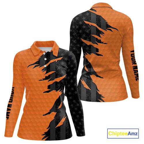 Personalized Women golf polo shirt custom orange golf ball black American flag ladies golf apparel NQS10070